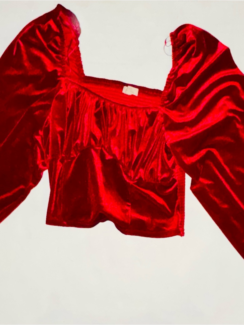 Chelsea & Violet Red Velvet Puff-Sleeve Cropped Blouse
